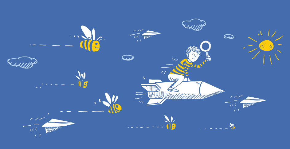 man riding a rocket followed by bees and paper aeroplanes